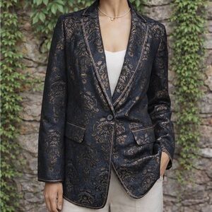 ETCETERA Blue and Gold Metallic Brocade Single Button Jacket, 4
